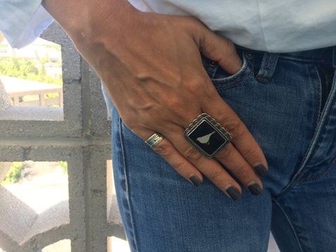 "Black Bird" Rectangular Sterling Silver Adjustable Ring