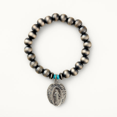 8mm Santa Fe Pearl Stretch Bracelet with Mary Charm and Turquoise Beads