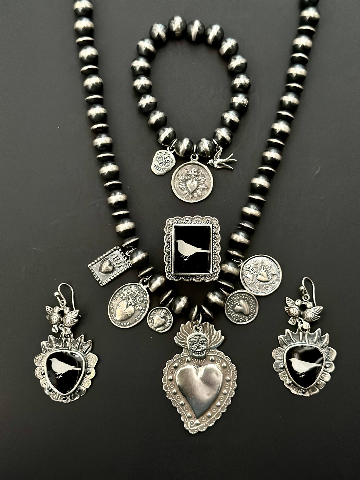 Black Bird Sacred Heart Sterling Silver Jewelry Set