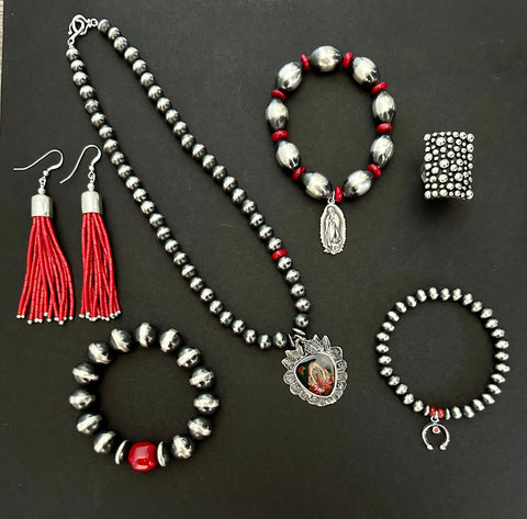 Our Lady of Guadalupe Red Tassel Navajo Jewelry Set
