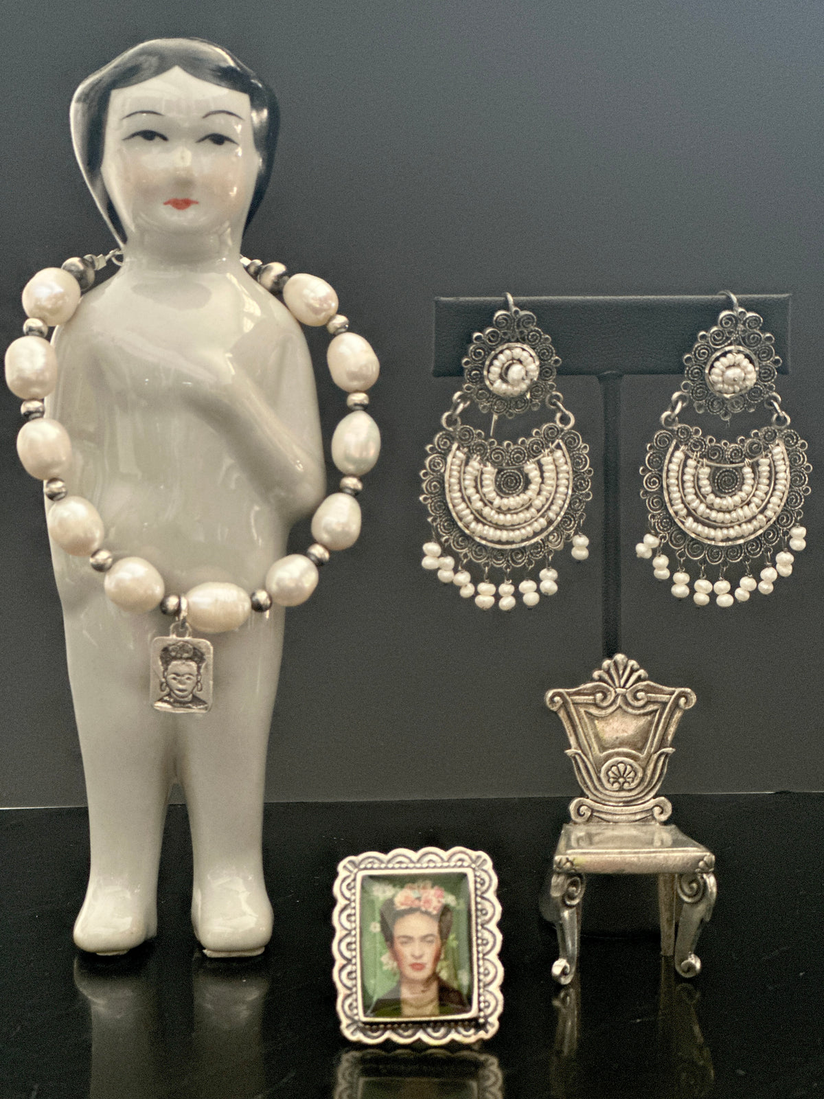 Sterling Silver Navajo Pearl Frida Kahlo Jewelry Set