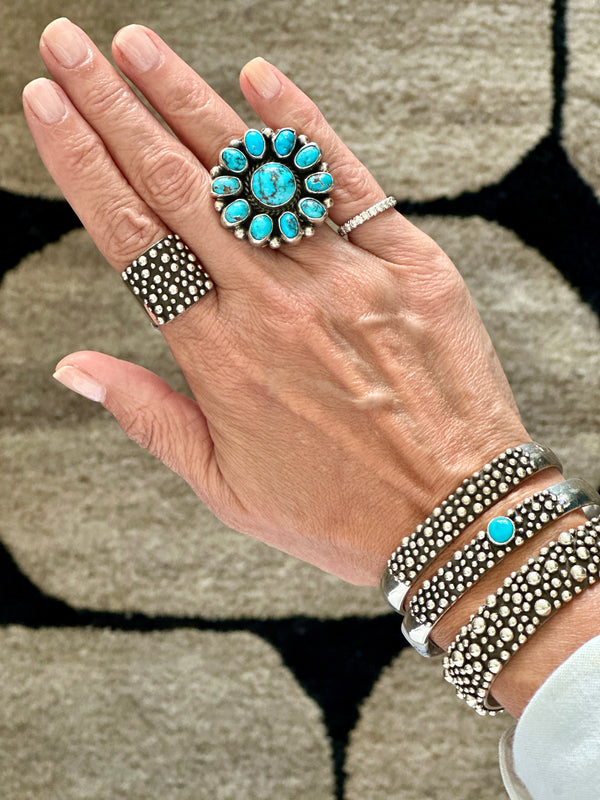 "Bubble Up" Sterling Silver Cuffs and Turquoise Cluster Ring