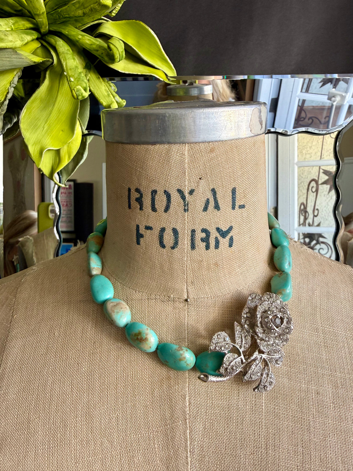 Turquoise Necklaces With Rhinestone Brooches