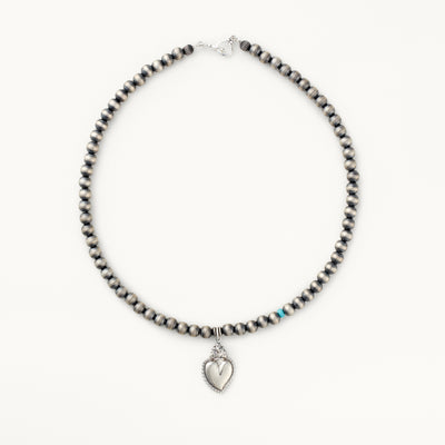 6mm Santa Fe Pearl Necklace with Flaming Heart Pendant & Turquoise Accent