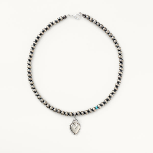 6mm Santa Fe Pearl Necklace with Flaming Heart Pendant & Turquoise Accent