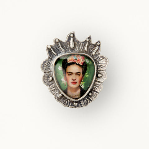 Frida Khalo Green Sterling Silver Sacred Heart Adjustable Ring