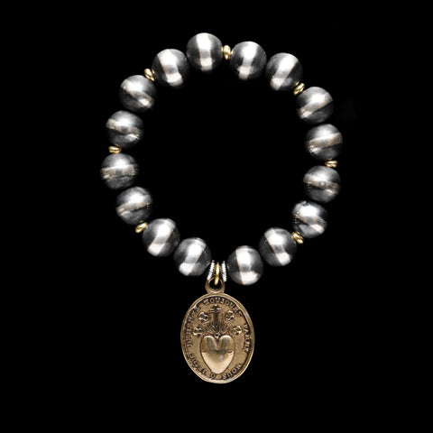 10mm Santa Fe Pearl Stretch Bracelet with Bronze Sacred Heart Pendant