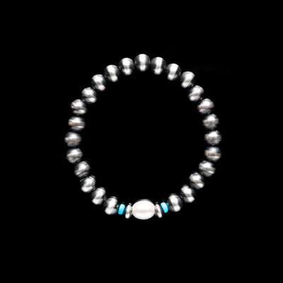 Santa Fe Pearl Stretch Bracelet with Freshwater Pearl and Turquoise - 7mm