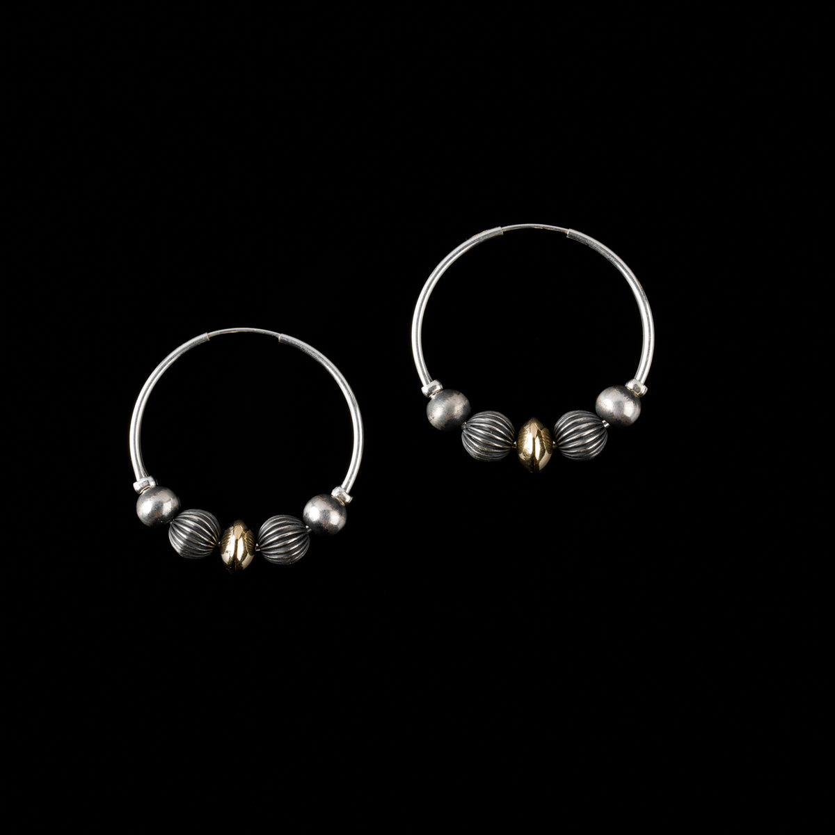 Sterling Silver Hoops with Sterling Silver Santa Fe Pearls, 14k Gold Rondel, and Corrugated Beads - 1 1/4"