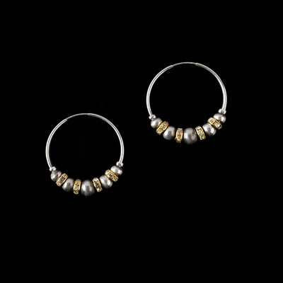 Sterling Silver Hoops with Santa Fe Pearls and Gold Plated Czech Crystals- 1 1/4"