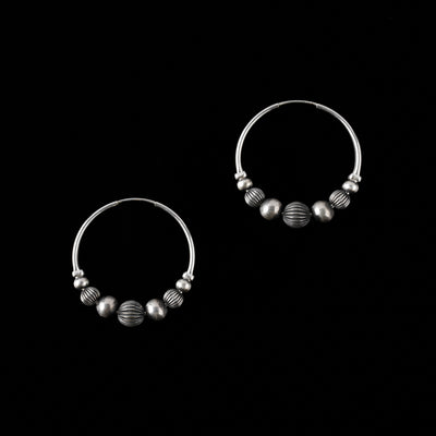 Sterling Silver Hoops with Sterling Silver Santa Fe Pearls and Corrugated Rondel Beads - 1 1/4"