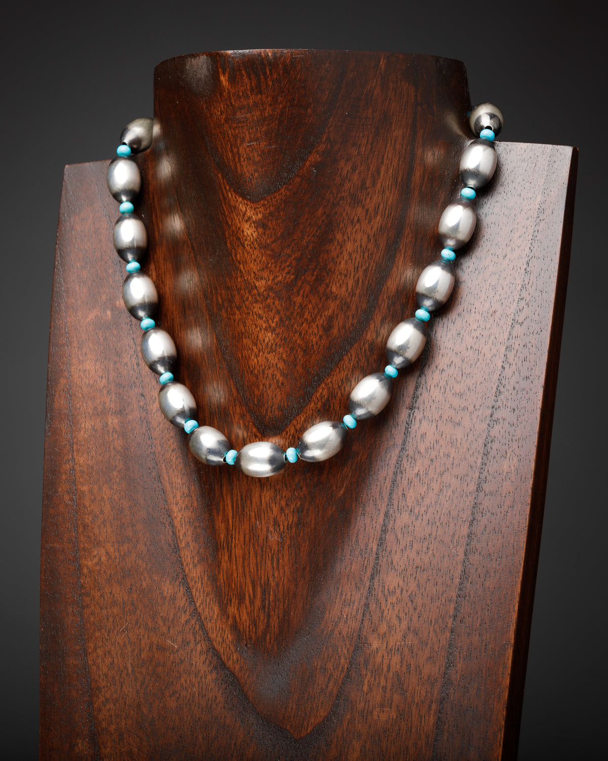 Oval Sterling Silver Santa Fe Pearl Necklace with Turquoise Accent Beads