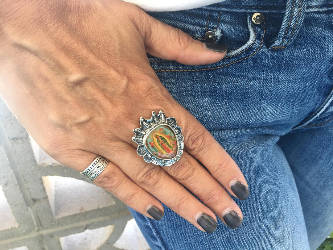 Handmade Sterling store Silver statement Madonna ring Virgen Guadalupe adjustable ring