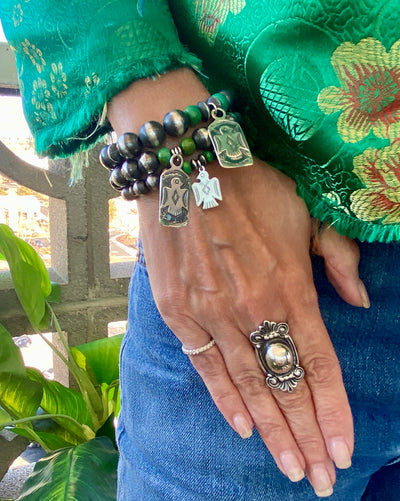 Sonoran Gold/Sterling Silver Navajo Pearl, T-Bird Pendant, Stretch Bracelet