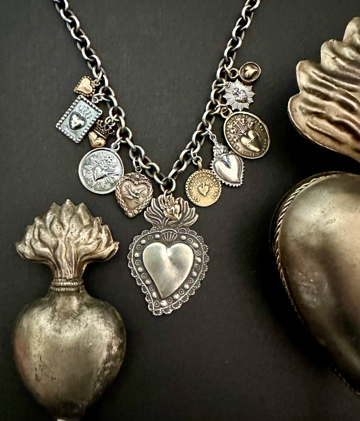 Mixed Metal Sacred Hearts Chain Necklace